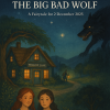 An illustrated nighttime scene of the Willow Lane cottage glowing warmly, two sisters standing beneath stars while a shadowy Big Bad Wolf watches from the hilltop — painted in a soft, storybook style.