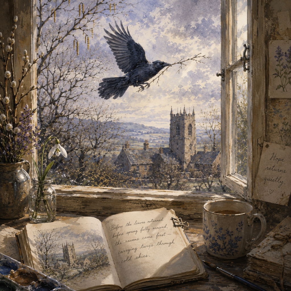 Before the leaves returned and before spring fully arrived, the ravens came first — carrying twigs through cold skies while the world below them struggled through uncertain days. This is a story about those birds, a new piece of art, and the gentle reminder that hope often arrives long before we recognise it.